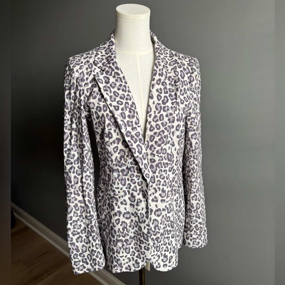 Cynthia Rowley Linen Blend Leopard Print Open Blazer